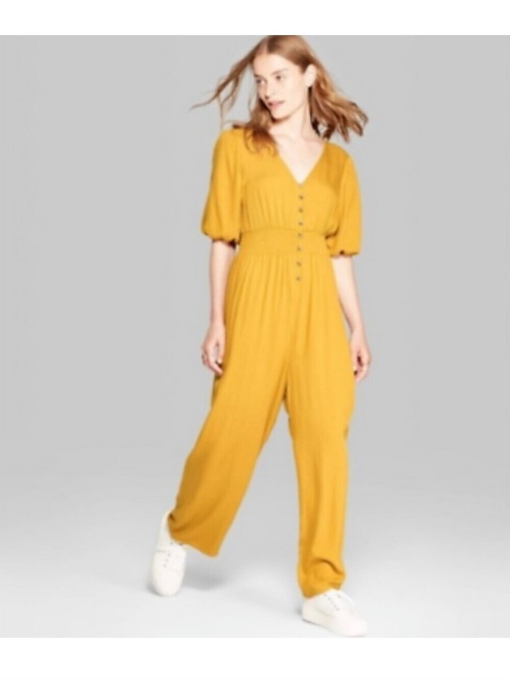 Mustard Wide-Leg Jumpsuit Button Front Gauzy Puff-Sleeve Minima Festival XXL